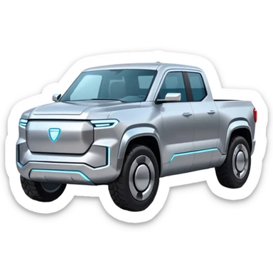A futuristic electric pickup truck emoji, silver chrome body, angular cyber design, smooth metallic panels, subtle reflections, minimalistic proportions, iOS emoji style, centered composition, clean white background, soft lighting sticker
