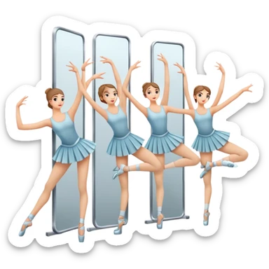 Icon for Choreography: a group of dancers in identical poses, standing by a wall with all wall long mirror, holding a long barre with one hand. The icon should capture the discipline and synchronized movement of dance training. Transparent background. sticker