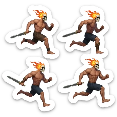 A sprite sheet of a man with a burning skull head and a large sword running, show all 4 stages of him running with no back ground sticker