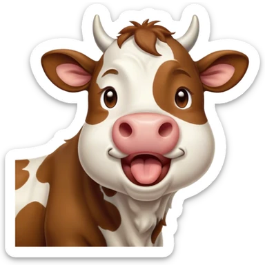 Cinematic Cute Yawning Brown and White Cow Portrait Emoji, Head tilted slightly with a dramatic, wide-open yawn, showcasing a smooth, patterned hide of brown and white, floppy ears slightly drooping, round brown eyes barely open in drowsy contentment, Simplified yet irresistibly adorable features, highly detailed, glowing with a soft, cozy glow, high shine, relaxed yet expressive, stylized with a touch of pastoral whimsy, bright and endearing, soft glowing outline, capturing the essence of a sleepy yet affectionate cow, so drowsy it feels like it could amble out of the screen and curl up for a nap! sticker