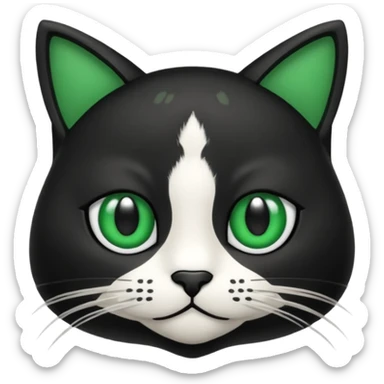 crie uma imagem de um gato preto com uma mancha branca no peito o gato tem olho verde  tudo no estilo de animação sticker