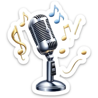 Create a dynamic and atmospheric emoji representing jazz vocal performance. The design should feature a classic, vintage microphone surrounded by flowing musical notes and soft, swirling sound waves to capture the smooth, improvisational essence of jazz. The microphone should have an old-school chrome finish, with subtle highlights that suggest its iconic, timeless quality. Include a background hint of a dimly lit jazz club or smoky stage to set the mood. Use deep, moody colors like midnight blue, gold, and black to evoke the intimate, soulful vibe of jazz vocals. The background should be transparent. sticker