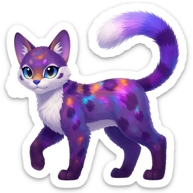 Colorful dark tropical pastel-lilac-lavender-violet iridescent pastel white glorious divine exotic cute cool beautiful shiny beautiful fantasy-caracal-civet-genet-sergal-vernid-Cacomistle-oncilla-animal-Fakémon-hybrid-fursona (full body) sticker