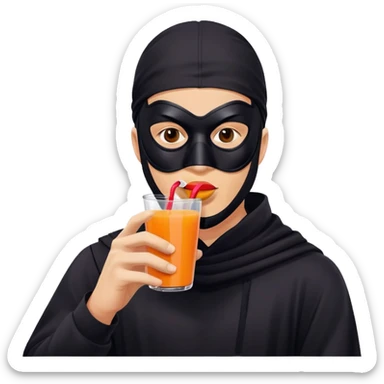 Masked man in dark clothing holding and drinking from a juice box with a straw, comical contrast between serious masked appearance and innocent juice sticker