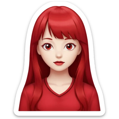beautiful girl with red velvet long hair and straight bangs, red eyes and red clothes sticker