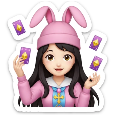 pixel art chibi asian girl with dark long hair in pink bunny ears hat magical girl with kawaii tarot cards thrown in air pixel emoji sticker