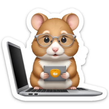 Silver-rimmed, bespectacled front hamster working on a laptop sticker