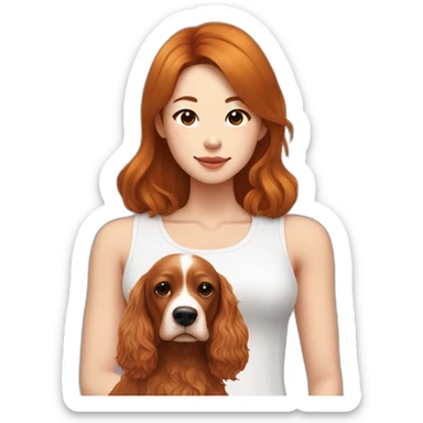 korean woman with long dark brown hair in a white singlet sits with ginger colour cocker spaniel sticker