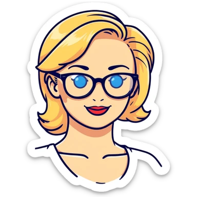 smiling blonde pinup, blue eyes, black glasses sticker