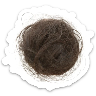 Macro close-up of a tangled clump of shed human hair forming a fuzzy ball, loose strands sticking out in all directions, soft texture with fine fibers visible, natural hair colors mixed together, sticker