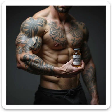 bodybuilder with tattoos, hyperrealistic, holding a vial labeled 'CARNITINA' in hand, 4k quality sticker