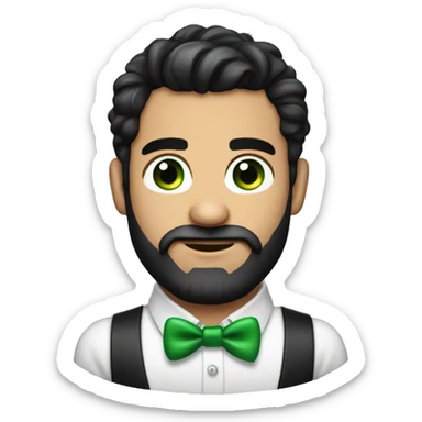 Young round face handsome man with bow tie and green eyes and full beard, black hair , bushy eye brows ballon face  sticker