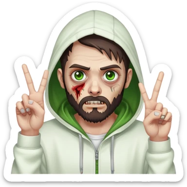 zombie making peace sign, undercut hairstyle with dark brown hair, short full beard, heterochromia with one green eye and one brown eye, wearing plain white hoodie with hood up sticker