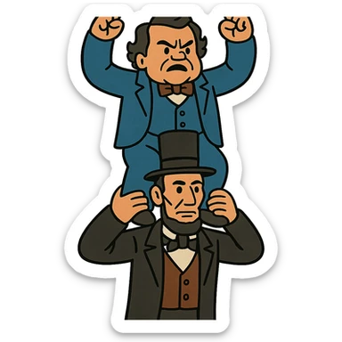 Stephen Douglas standing on Abraham Lincoln's shoulders, historical cartoon style sticker