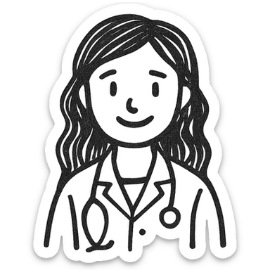 young woman, brown long wavy hair, medical white clothes, friendly, front view, smiling sticker