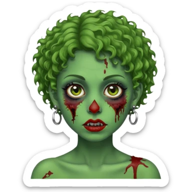 faça uma cabeça verde de zumbi femenina, com im cabelo curtinho cacheado, piercing no nariz, e brincos na orelha sticker