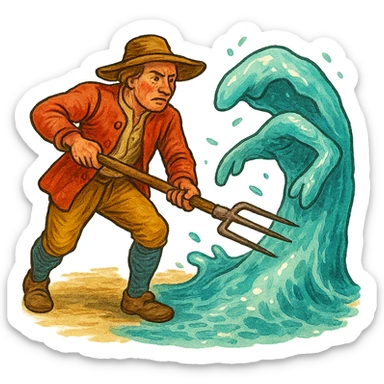 Чуть рисованный, но при этом яркий объемный стиль, голландский крестьянин 18 века с вилами в руках тычет вилами в водный элемент как на картинке, который как море пытается на накрыть, прозрачный фон sticker