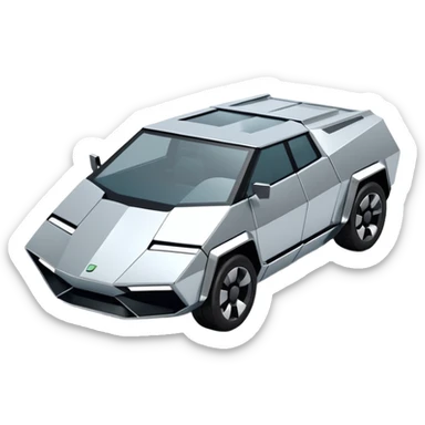A futuristic chrome car emoji, sharp geometric body design inspired by cybertruck aesthetics, smooth silver metallic surface, matte and glossy chrome mix, minimal details, soft reflections, clean edges, iOS emoji style, centered, clean white background, soft studio lighting, no text sticker