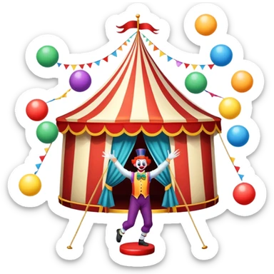 Icon for Circus Arts: a circus tent with a performer juggling colorful balls, a unicyclist, and a clown. The icon should convey the excitement and fun of circus performances, with emphasis on skill, acrobatics, and entertainment. Transparent background. sticker