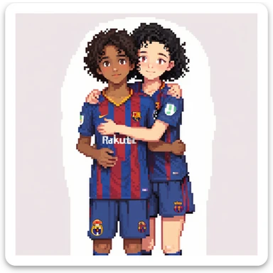 A tall boy with brown eyes, black hair, and white skin, wearing a Barça shirt, hugging a short girl with curly black hair, brown eyes, and bronze skin, wearing a Real Madrid shirt sticker