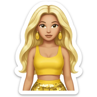 Beyonce with long platinum blonde hair, yellow sequin crop top yellow sequin skirt, gold earring sticker
