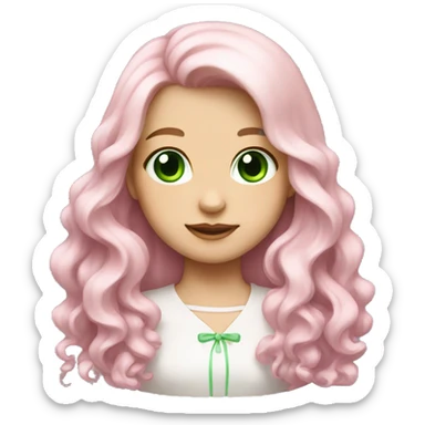 pale girl with long wavy hair with bright green eyes and wearing a light pink hair bow sticker