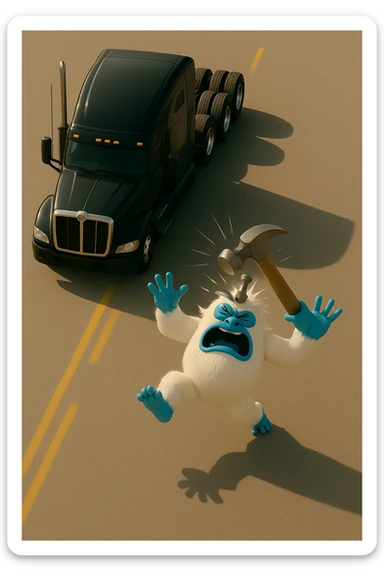 Increase the distance between the truck and the abominable snowman in a light and realistic scene. Show a hammer actively hitting the snowman from a top-down view. No text in the image. sticker