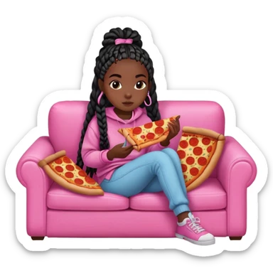 A dark skinned black girl with black box braids eating pizza, on a pink couch in comfy outfit sticker