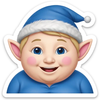 A blue emoji with fat pink cheeks and is smiling like a elf sticker