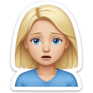 A girl with blonde hair, blue eyes and crying sticker