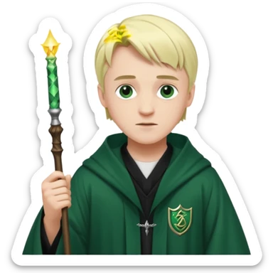 Draco Malfoy wearing slitherin robe with his wand sticker
