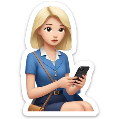 woman standing inside a modern train, holding a pole and looking at her phone. The interior is clean and minimal sticker