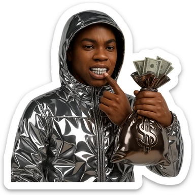 Create a character inspired by the person in the reference image with realistic brown skin tone and natural facial features. Dress him in a chrome patterned hooded jacket. He should be holding a chrome brown money bag in his other hand (opposite side), with realistic US dollar bills coming out. The character has visible grills and a confident expression. Only the jacket and money bag are chrome; face and hands look natural. Background transparent. sticker