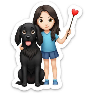 A long-haired girl is holding a big black dog with standing ears sticker