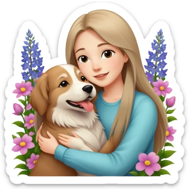 A beautiful girl with long straight hair happily hugs an Alaskan dog in the flowers sticker