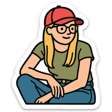 Add a cap and glasses to the heroine, maintaining a relaxed look in jeans and a t-shirt. sticker