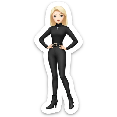 girl with oval-shaped flat-top head wearing tight black pants and black medieval high-heeled boots sticker
