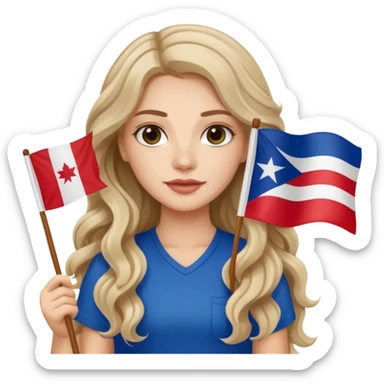 A white girl with long hair and wavy hair holding a Lebanese flag with Puerto Rican flag sticker