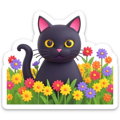 A black cat with a flower on its head in a field of flowers sticker