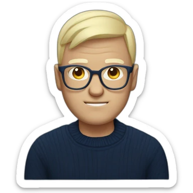 grumpy blond bald man with round glasses with navy sweater sticker