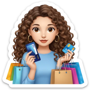 cute girl long brunette balayage curly/wavy not voluminous hair, brown eyes, hoop earrings, natural pretty clean makeup: holding a credit card and lots of shopping bags. SHE HAS LOOONG HAIR sticker