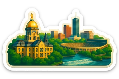 Re-do the South Bend, Indiana emoji with a more straight-on angle, featuring a wide city view with iconic landmarks such as the University of Notre Dame campus including the Golden Dome and Notre Dame Stadium, St. Joseph River, and downtown South Bend. The image should have lifelike detail, accurate colors, bright daytime lighting, and a fully transparent background with no sky, no clouds, and no city name label. Keep the style consistent with previous city emojis in the retro stickers style. sticker