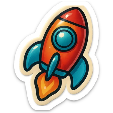 single rocket icon, playful retro sticker look, bold lines, no text, simple and clear sticker
