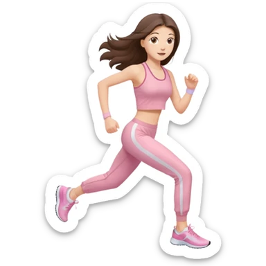 white happy brunette teen long hair with hazel eyes in light pink workout clothes jogging sticker