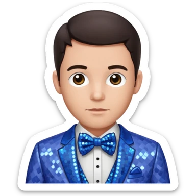 Jonathan Bailey with dark brown hair, perwinkle sequin suit with bow tie sticker