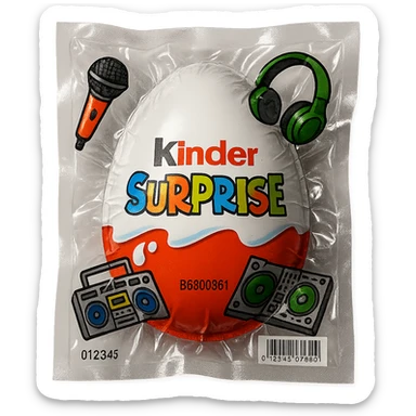 Kinder Surprise egg with standard packaging, toys including microphone, boombox, headphones, DJ setup, glossy and puffy vacuum-sealed style sticker