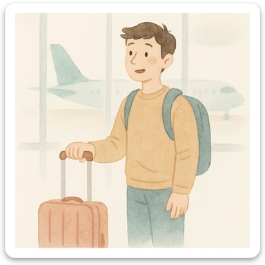 soft watercolor illustration in a minimalist modern style, a guy experiencing his first time taking a flight, excited and slightly nervous expression, at the airport with his luggage, pastel colors, delicate linework, gentle whimsical mood, minimal soft shading sticker