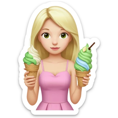 girl blonde long hair in pink dress,  holding matcha ice cream sticker
