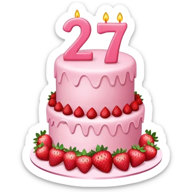 Pink birthday cake with the number 27 on it and strawberries  sticker