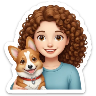Curly brunette girl smiling with a corgi, in cute style   sticker